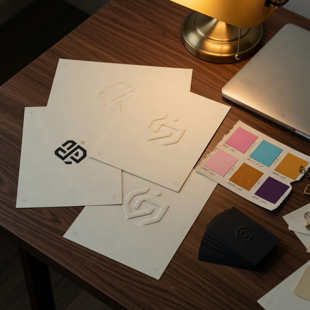 Printed logo concepts, color swatches, and brand materials on a desk