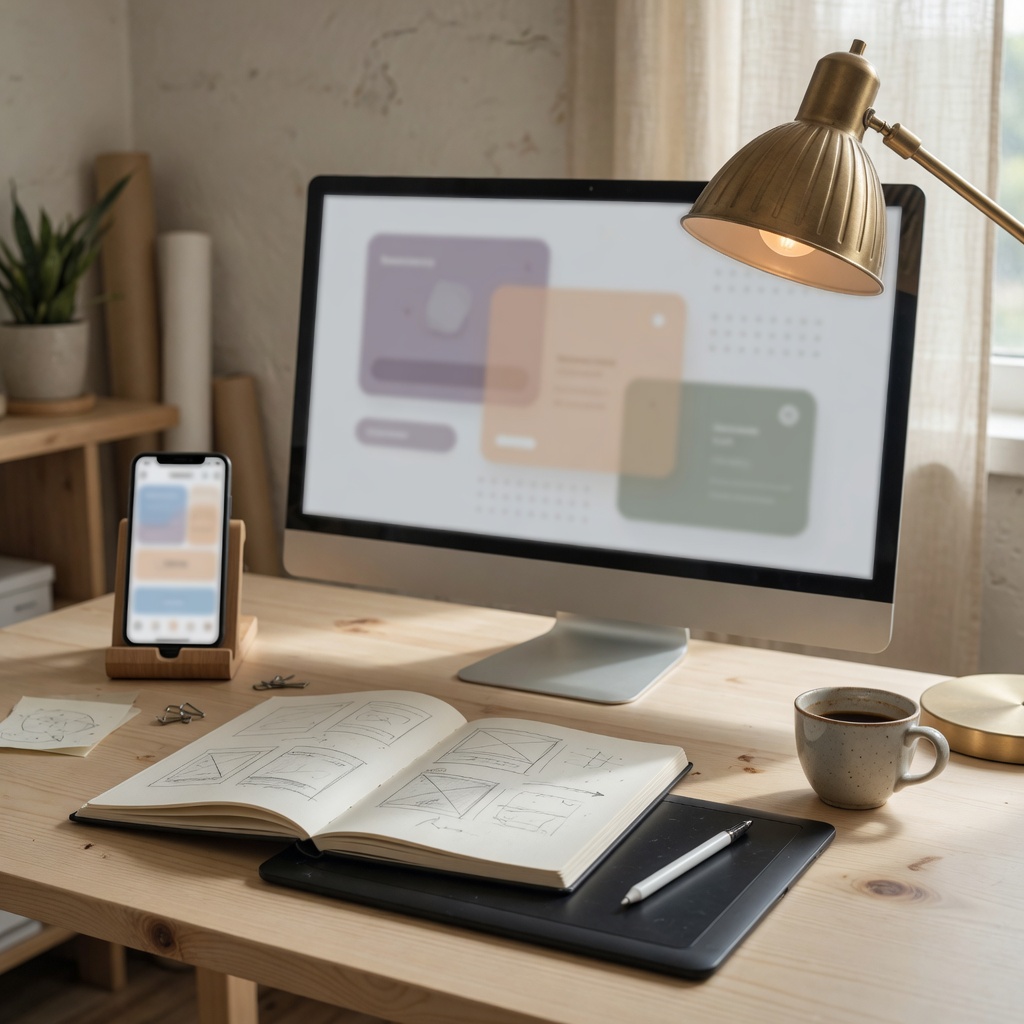 Design workspace with monitor, phone mockup, sketchbook, and tablet