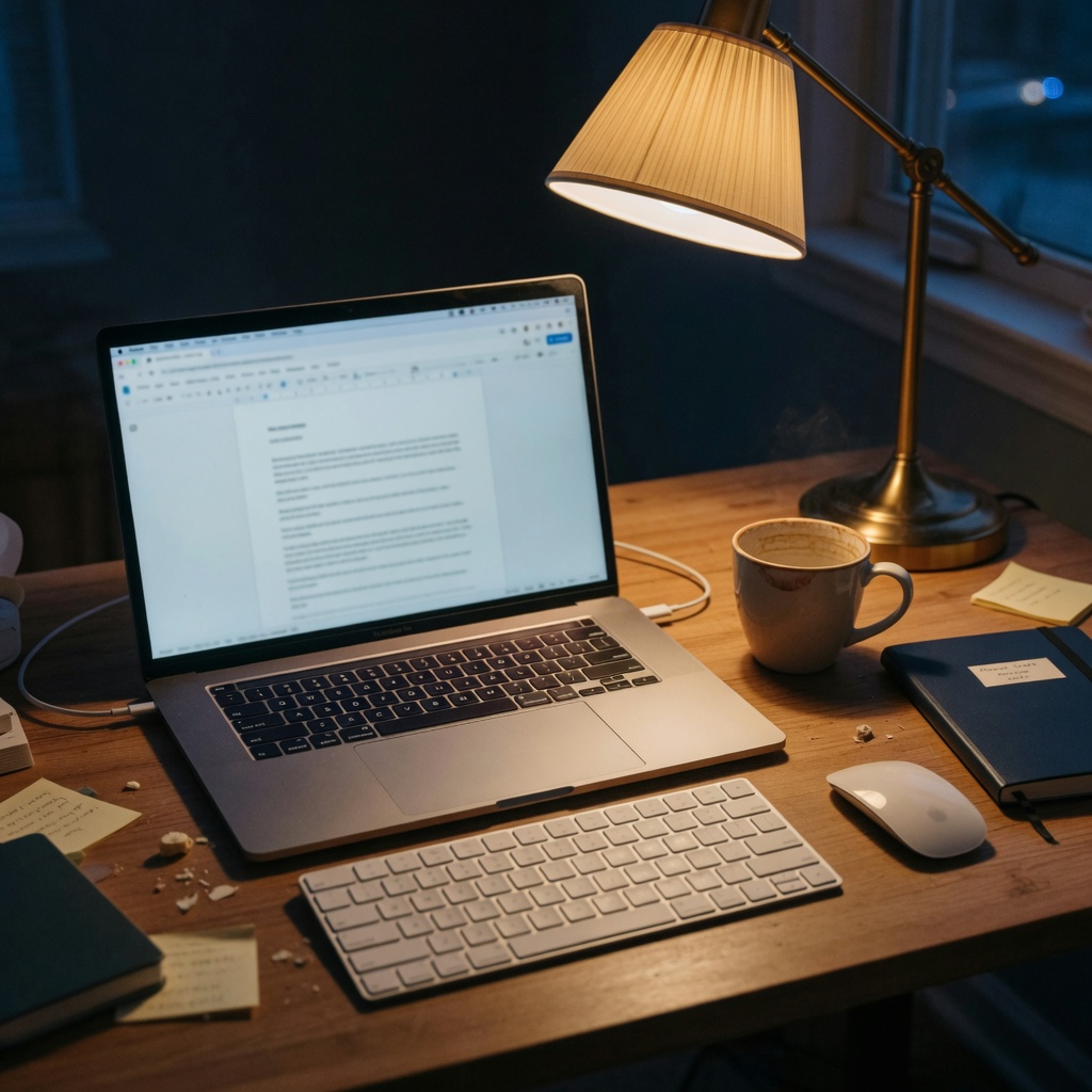 Writer's laptop desk setup with document on screen, keyboard, coffee, and warm lamp